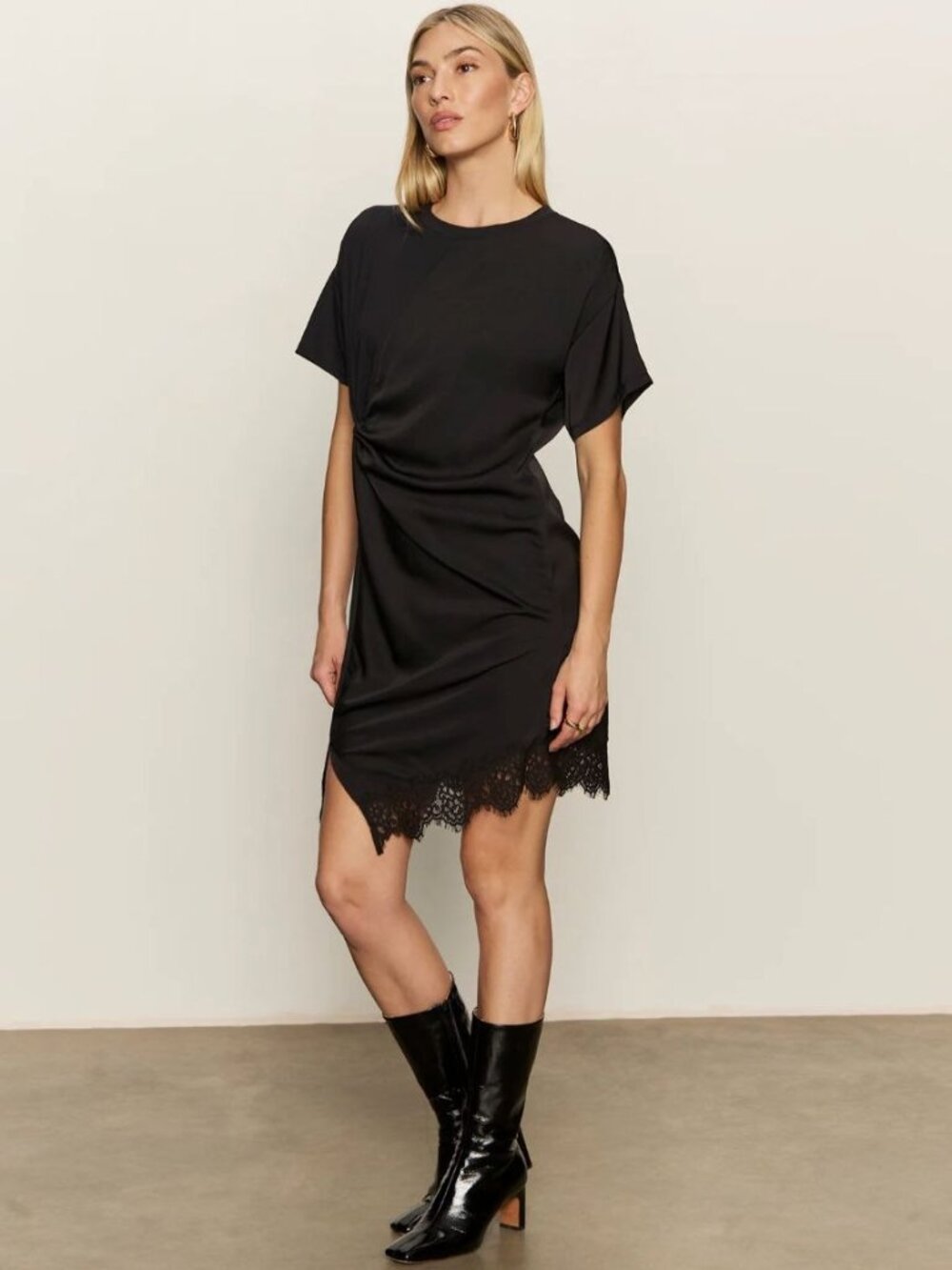 Sanctuary Black Lace-Hem Short Sleeve Midi Dress